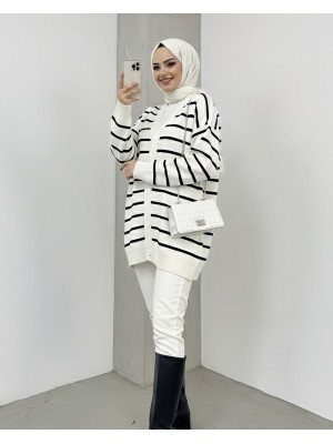 Çizgili Düğmeli V Yaka Triko Hırka    -Ekru