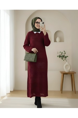 Openwork  Patterned Knit Dress -Maroon