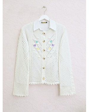 Kalp Nakışlı Ponponlu Triko Hırka  -Ekru