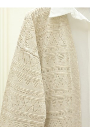 Karışık Desenli Ajurlu Triko Hırka  -Taş