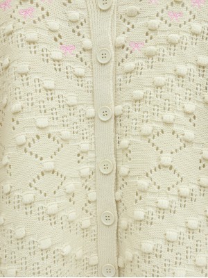 Ponponlu Düğmeli Kurdele Nakışlı Ajurlu Triko Hırka -Krem