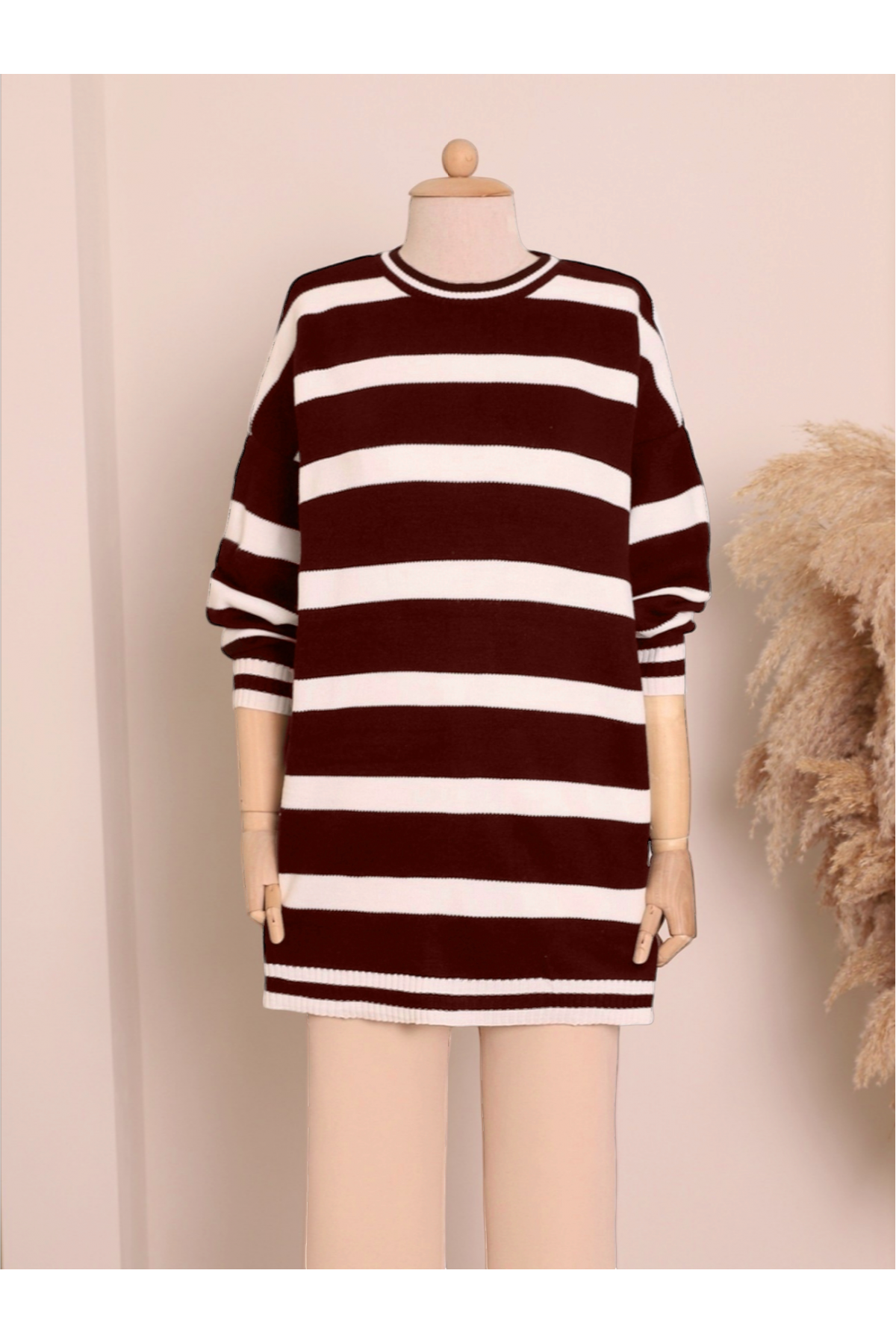 Striped Winter Hijab Knitwear Tunic   -Maroon