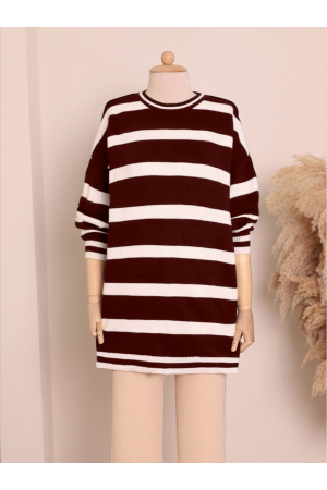 تونيك تريكو حجاب شتوي مخطط   -بوردو