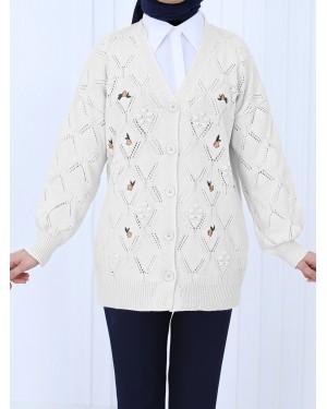 Ponponlu Çiçek Nakışlı Düğmeli Hırka  -Taş