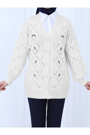 Ponponlu Çiçek Nakışlı Düğmeli Hırka  -Taş