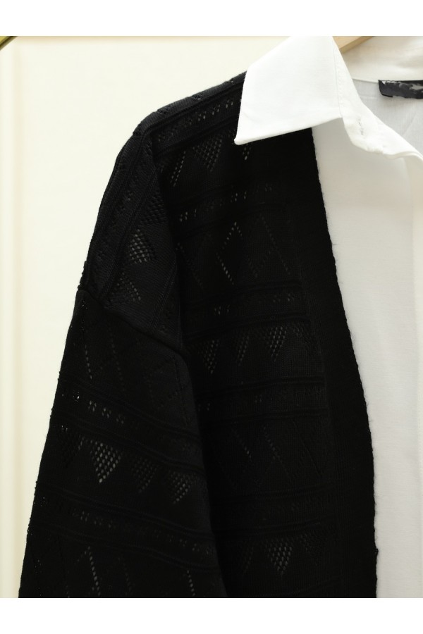 Mixed Patterned Openwork Knitwear Cardigan -Black