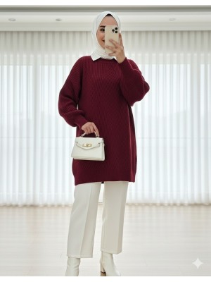 Bisiklet Yaka Baklava Desen Triko Kazak           -Bordo