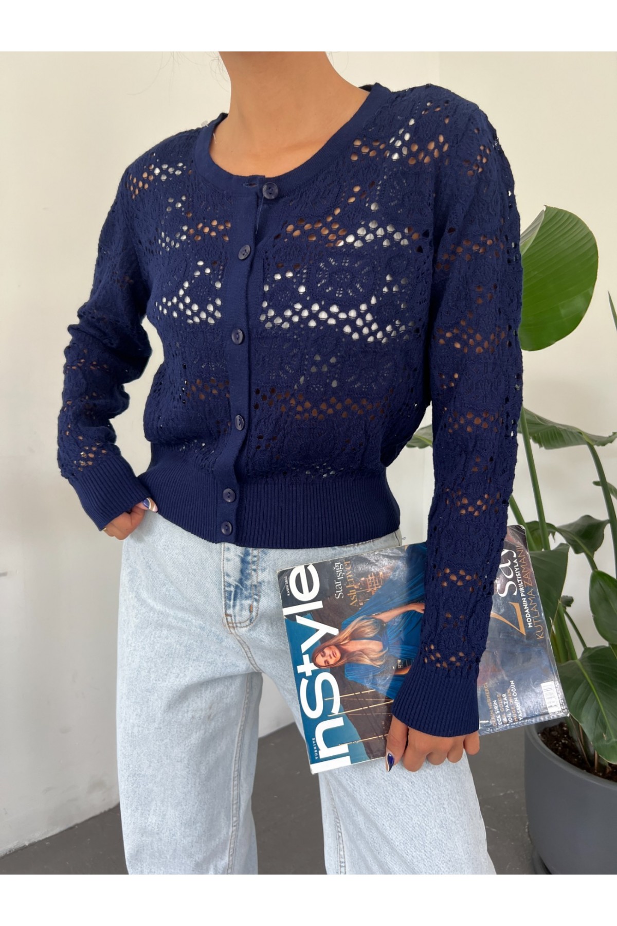 Openwork Seasonal Cardigan with Elastic Waist Button  -Navy blue