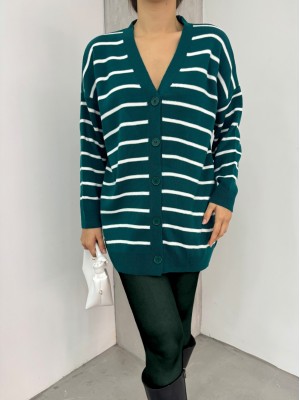 Çizgili Düğmeli V Yaka Triko Hırka   -Zümrüt