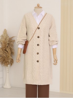 Saç Örgü Detaylı Düğmeli Kalın Triko Hırka -Taş