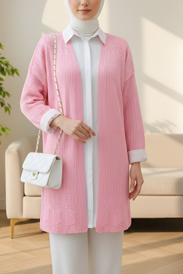 Openwork Cardigan with Patterned Skirt -Pink