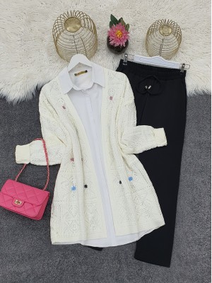 Embroidered Square Patterned Openwork Knitwear Cardigan -White