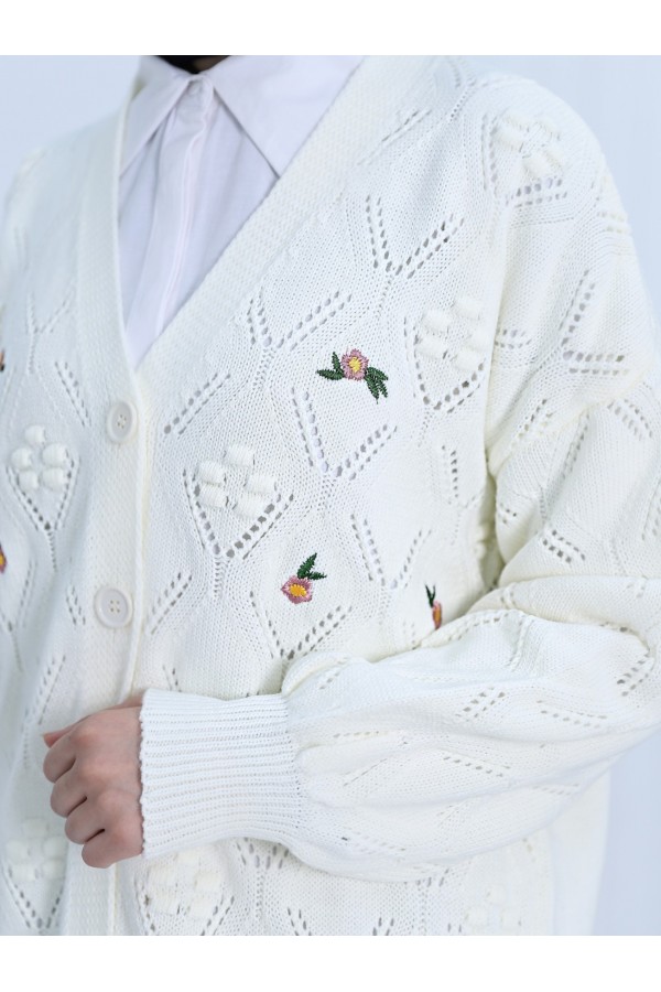 Pompom Floral Embroidered Buttoned Cardigan -Ecru