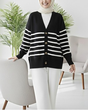 Double Pocket Striped Buttoned Cardigan  -Black