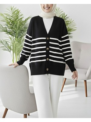 Double Pocket Striped Buttoned Cardigan  -Black