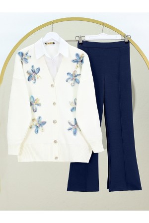 V Yaka Organze Tül Çiçek Nakışlı Triko Hırka -İndigo