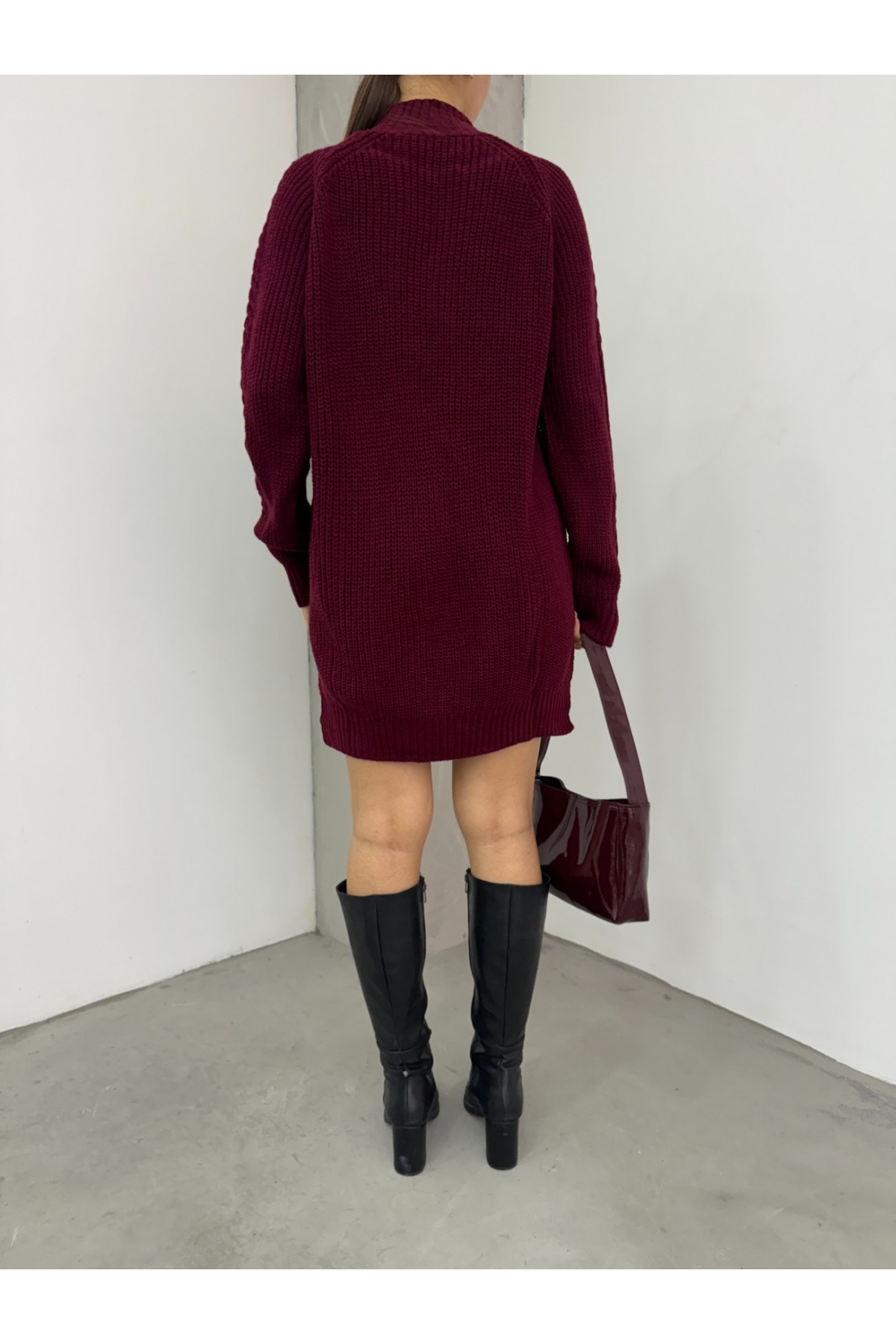 Saç Örgülü Ponponlu Triko Tunik -Bordo