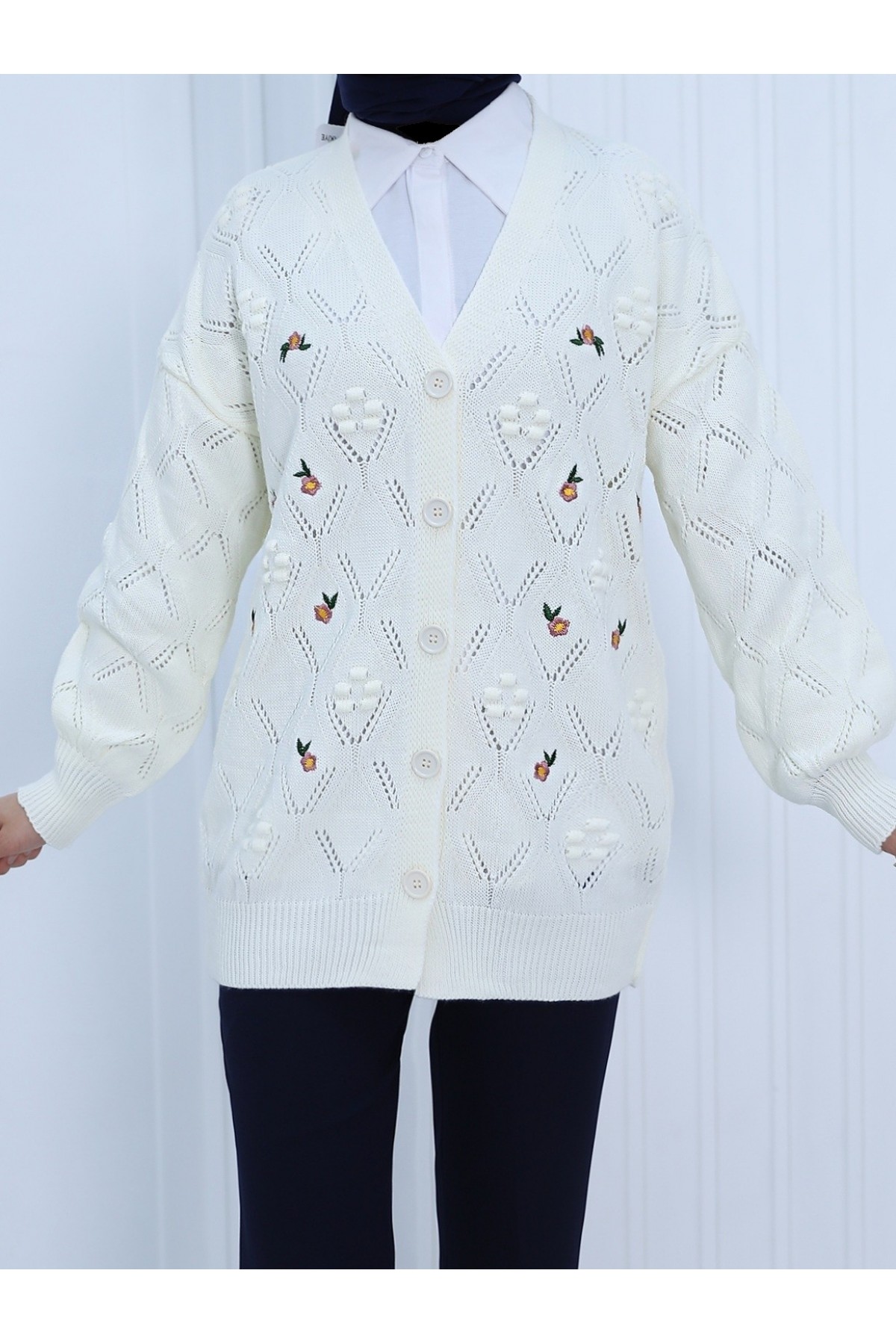 Pompom Floral Embroidered Buttoned Cardigan -Ecru