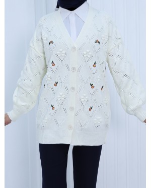 Ponponlu Çiçek Nakışlı Düğmeli Hırka -Ekru