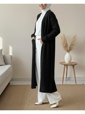 Zikzak Desenli Uzun Triko Hırka  -Siyah