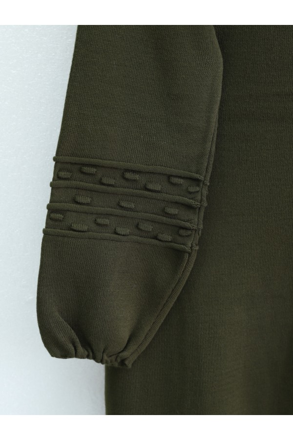 Elastic  Sleeve Pompom Detailed Knit Dress -Khaki
