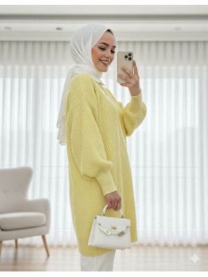 Bisiklet Yaka Baklava Desen Triko Kazak          -Açık Sarı