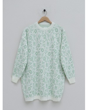 Floral Patterned Round Neck Knitwear Tunic  -LIGHT GREEN