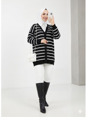 Çizgili Düğmeli V Yaka Triko Hırka -Siyah