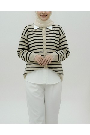 كارديجان محبوك ناعم مخطط بأزرار ورقبة دائرية -بني محروق