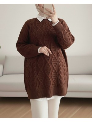 Petek Desen Kışlık Salaş Triko Kazak -Kahve