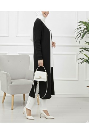 Yanları Yırtmaçlı Fitilli Uzun Triko Hırka -Siyah