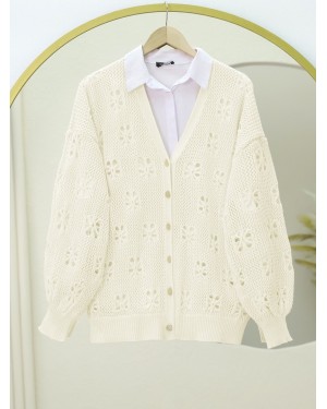 Buttoned Openwork Arabboy Knitwear Cardigan  -Ecru