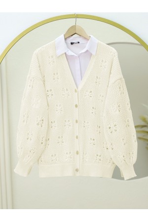 Düğmeli Ajurlu Araboy Triko Hırka  -Ekru