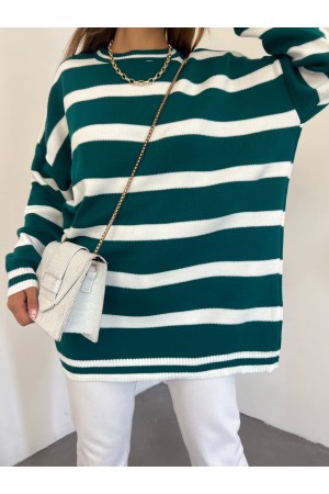 Çizgili Kışlık Tesettür Triko Tunik   -Koyu Yeşil