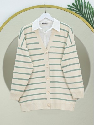 Çizgili Düğmeli V Yaka Triko Hırka     -Su Yeşili