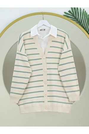 Çizgili Düğmeli V Yaka Triko Hırka     -Su Yeşili