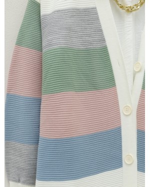 Colorful Striped Ribbed Knitwear Cardigan -Powder