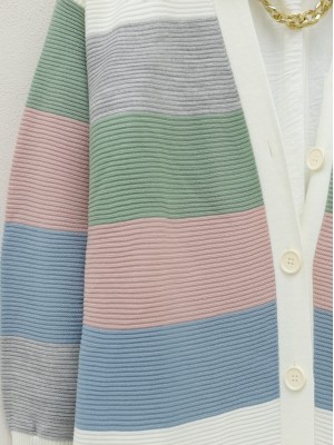 Renkli Çizgili Fitilli Triko Hırka -Pudra