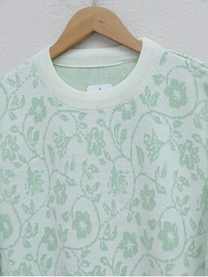 Çiçek Desenli Yuvarlak Yaka Triko Tunik  -A.Yeşil