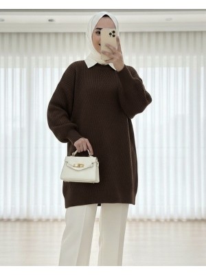 Bisiklet Yaka Baklava Desen Triko Kazak             -K. Kahve