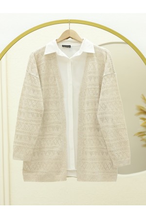 Karışık Desenli Ajurlu Triko Hırka  -Taş