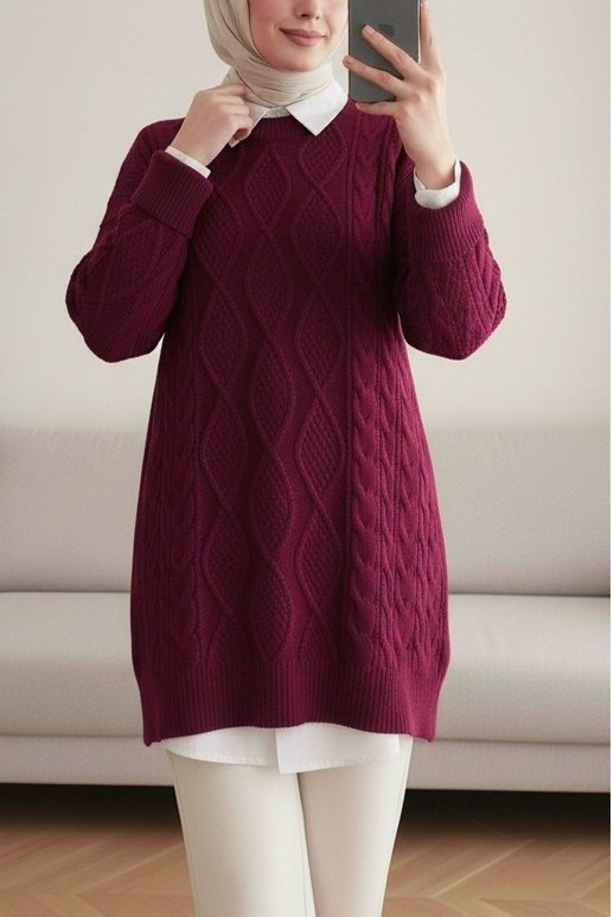 Honeycomb Pattern Loose Knitwear Sweater     -Maroon
