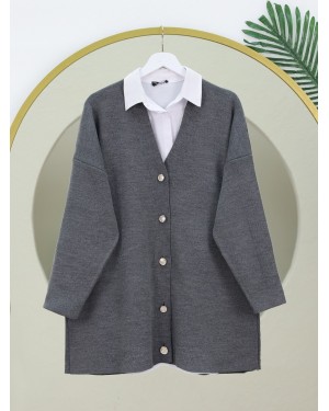 V Yaka Düğmeli Oversize Triko Hırka -Füme