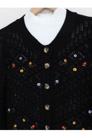 Floral Embroidered Pompom Openwork Knitted Cardigan  -Black