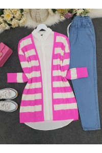 Zikzak Ajurlu İnce Triko Hırka -Fuşya