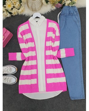 Zigzag Openwork Fine Knitwear Cardigan -Fuchsia