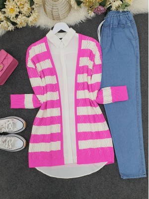 Zikzak Ajurlu İnce Triko Hırka -Fuşya