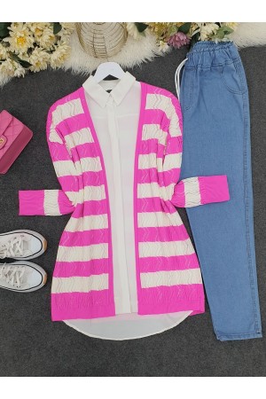 Zikzak Ajurlu İnce Triko Hırka -Fuşya