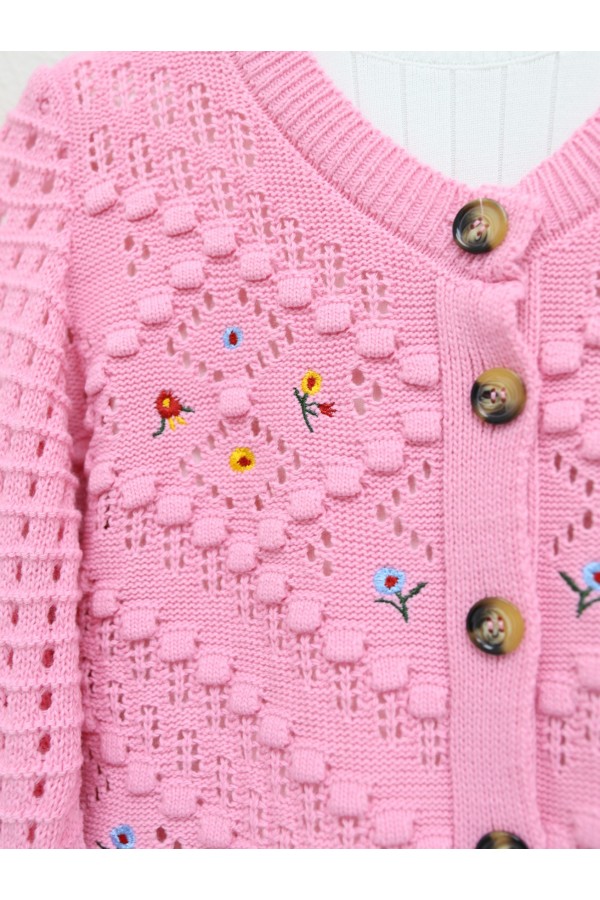 Floral Embroidered Pompom Openwork Knitted Cardigan -Pink