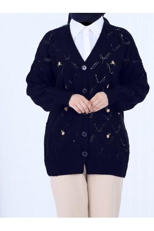 Ponponlu Çiçek Nakışlı Düğmeli Hırka  -Laci